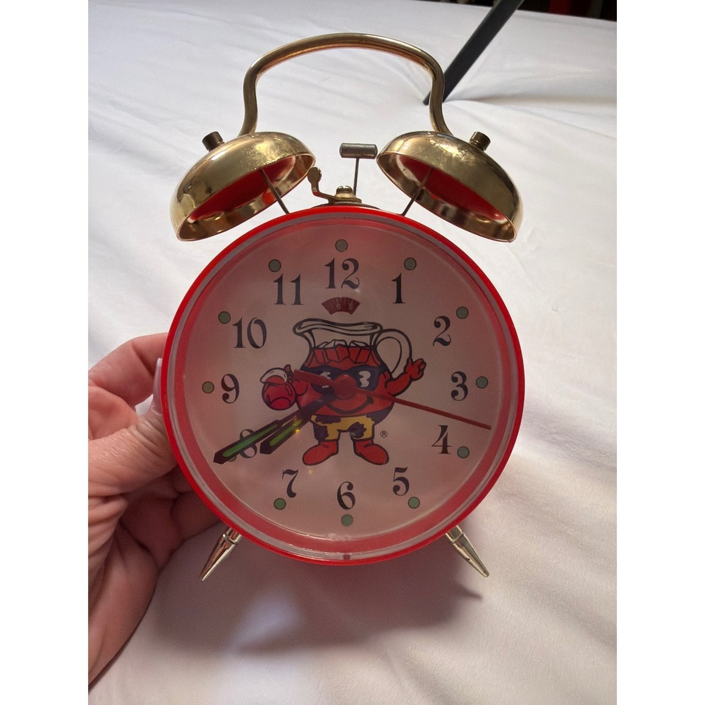 Vintage Kool-Aid Man Twin Bell Alarm Clock Red Gold Tone Manual Wind Up Retro